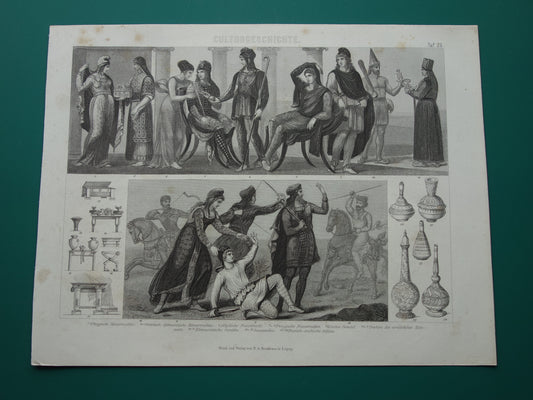 Oude Geschiedenis Prent uit 1870 Kleding Klederdracht Asia Minor in de Oudheid Originele antieke illustratie Turkije Vintage print