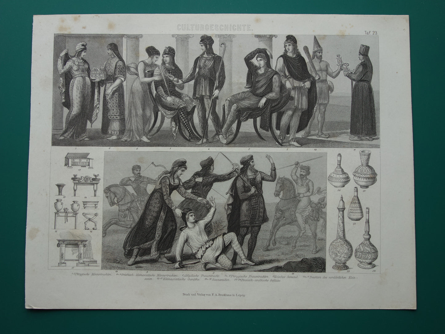 Oude Geschiedenis Prent uit 1870 Kleding Klederdracht Asia Minor in de Oudheid Originele antieke illustratie Turkije Vintage print