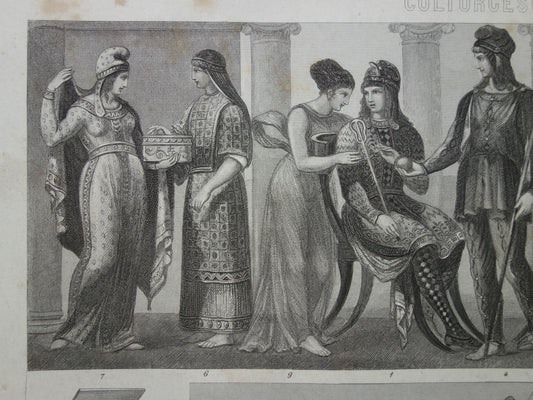 Oude Geschiedenis Prent uit 1870 Kleding Klederdracht Asia Minor in de Oudheid Originele antieke illustratie Turkije Vintage print
