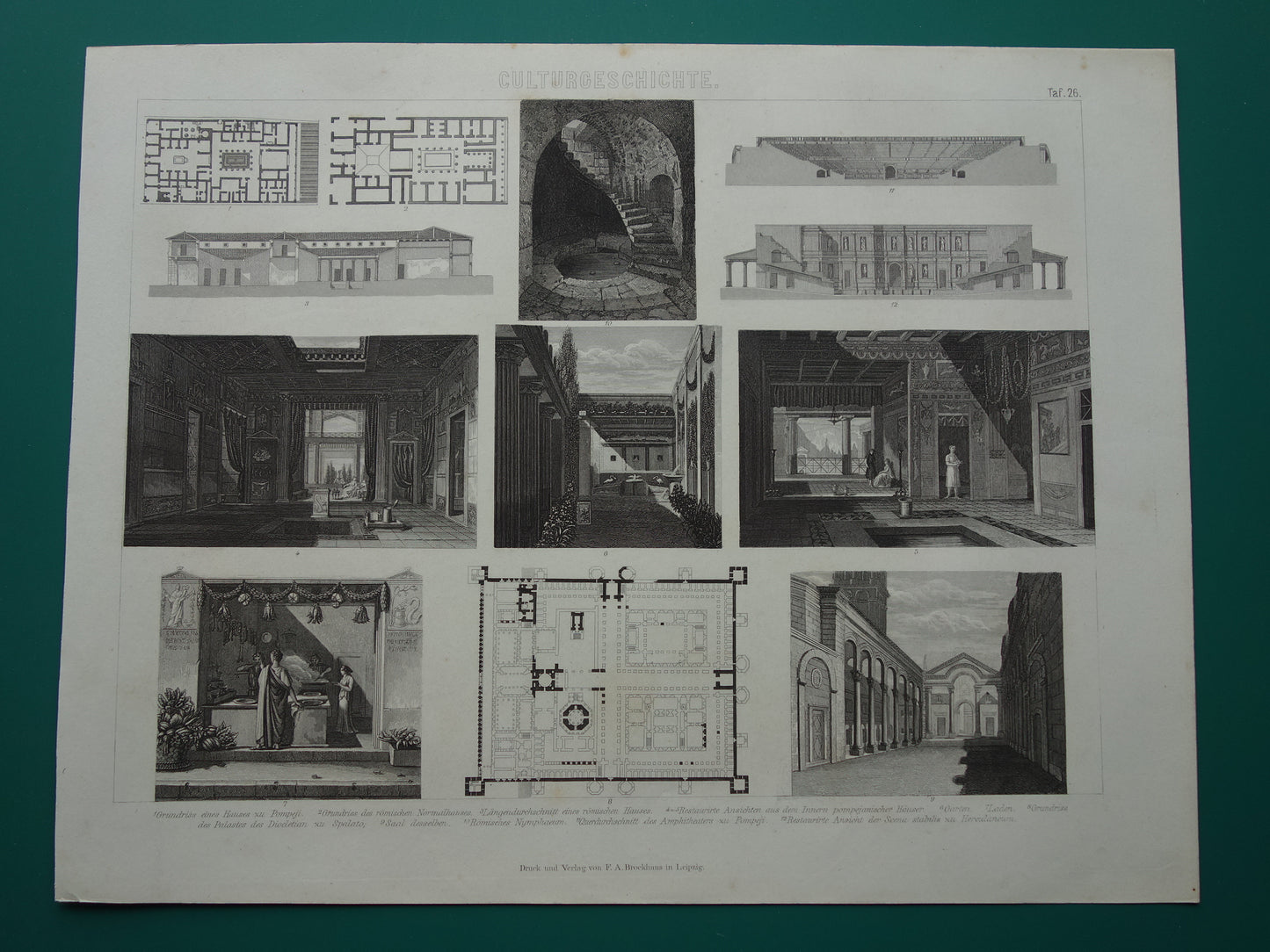 Architectuur in het Romeinse Rijk Oude geschiedenis prent uit 1870 over Huizen Patio Romeinse tijd antieke illustratie