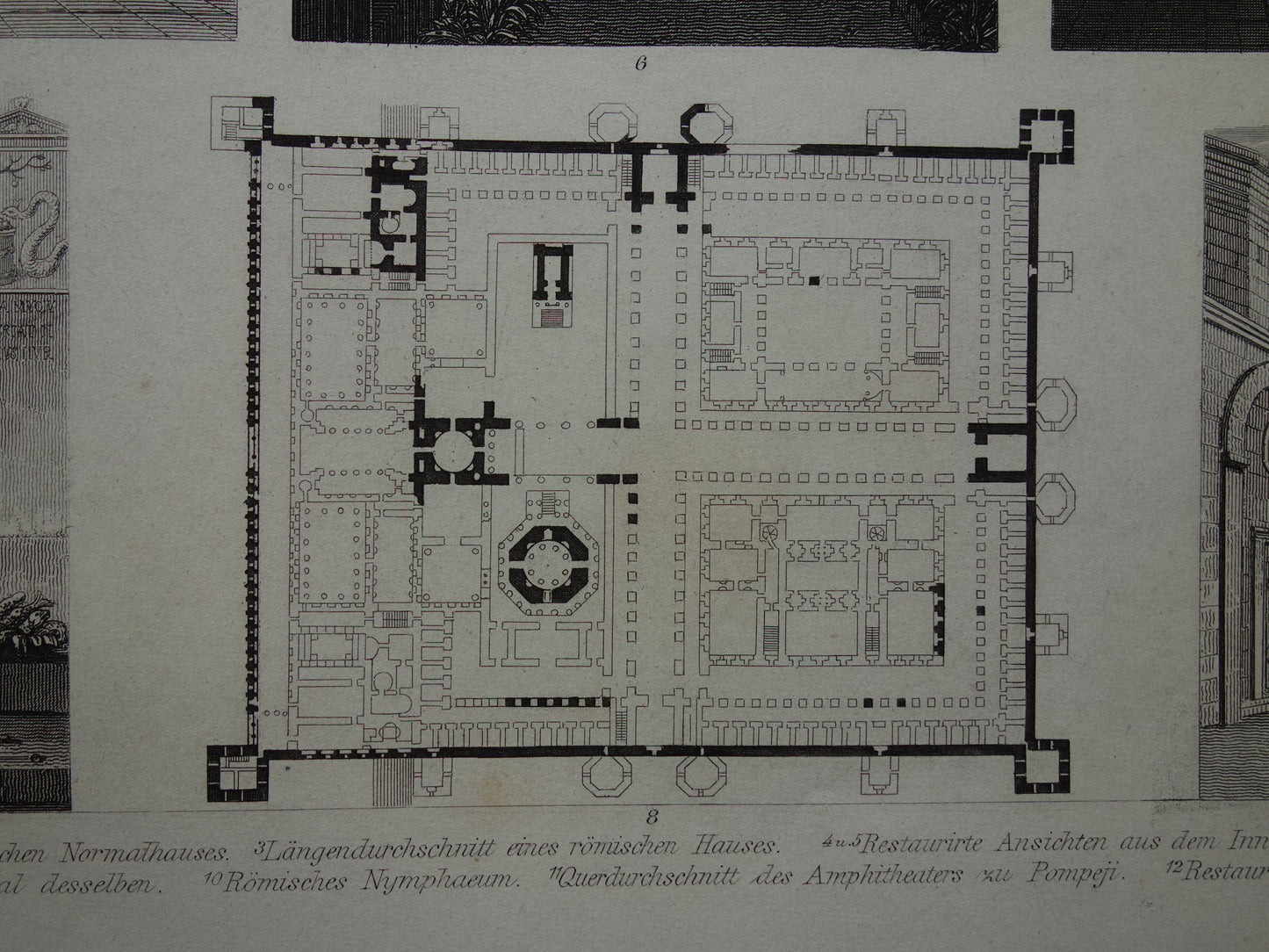 Architectuur in het Romeinse Rijk Oude geschiedenis prent uit 1870 over Huizen Patio Romeinse tijd antieke illustratie