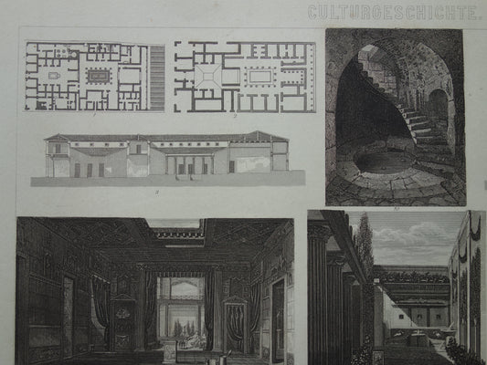 Architectuur in het Romeinse Rijk Oude geschiedenis prent uit 1870 over Huizen Patio Romeinse tijd antieke illustratie