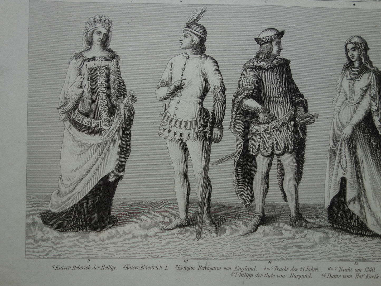 150+ jaar oude prent geschiedenis met portret Philips de Goede Hendrik II Frederick Barbarossa antieke illustratie kleding in late middeleeuwen prints