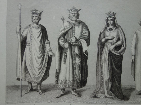150+ jaar oude prent geschiedenis met portret Philips de Goede Henry II Frederick Barbarossa antieke illustratie kleding in late middeleeuwen prints