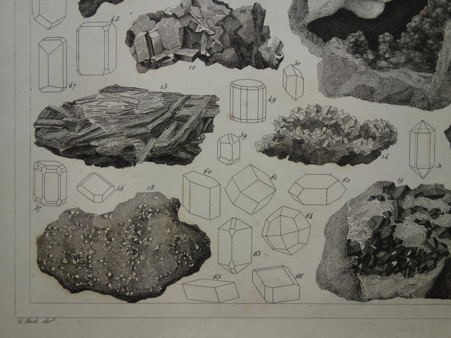 MINERALOGIE Antieke prent over edelstenen en mineralen Ruim 170 jaar oude print kristallen steen mineraal edelsteen vintage illustratie afbeelding