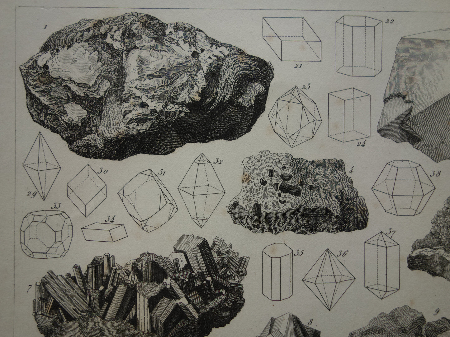 MINERALOGIE Antieke prent over edelstenen en mineralen Ruim 170 jaar oude print kristallen steen mineraal edelsteen vintage illustratie afbeelding