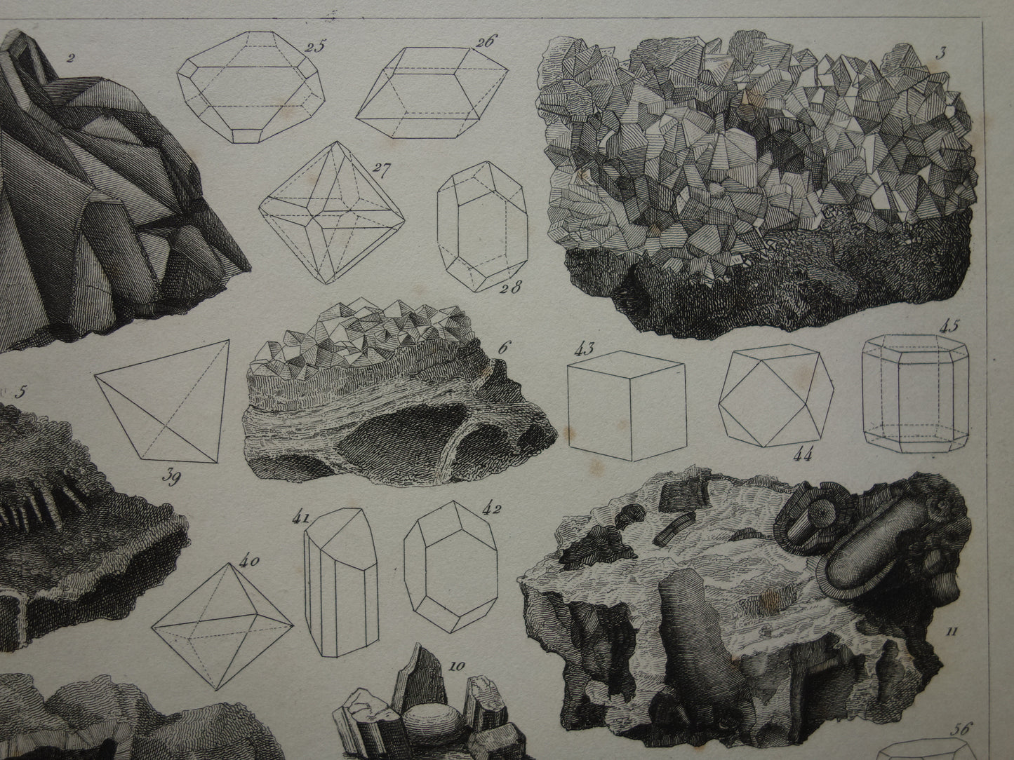 MINERALOGIE Antieke prent over edelstenen en mineralen Ruim 170 jaar oude print kristallen steen mineraal edelsteen vintage illustratie afbeelding