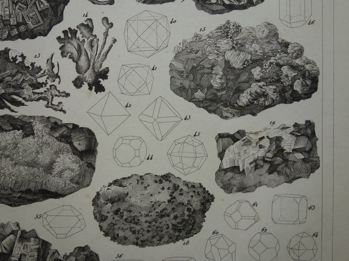 Oude prent over edelstenen en mineralen uit 1849 originele antieke print kristallen kristalstructuren edelsteen vormen vintage illustratie
