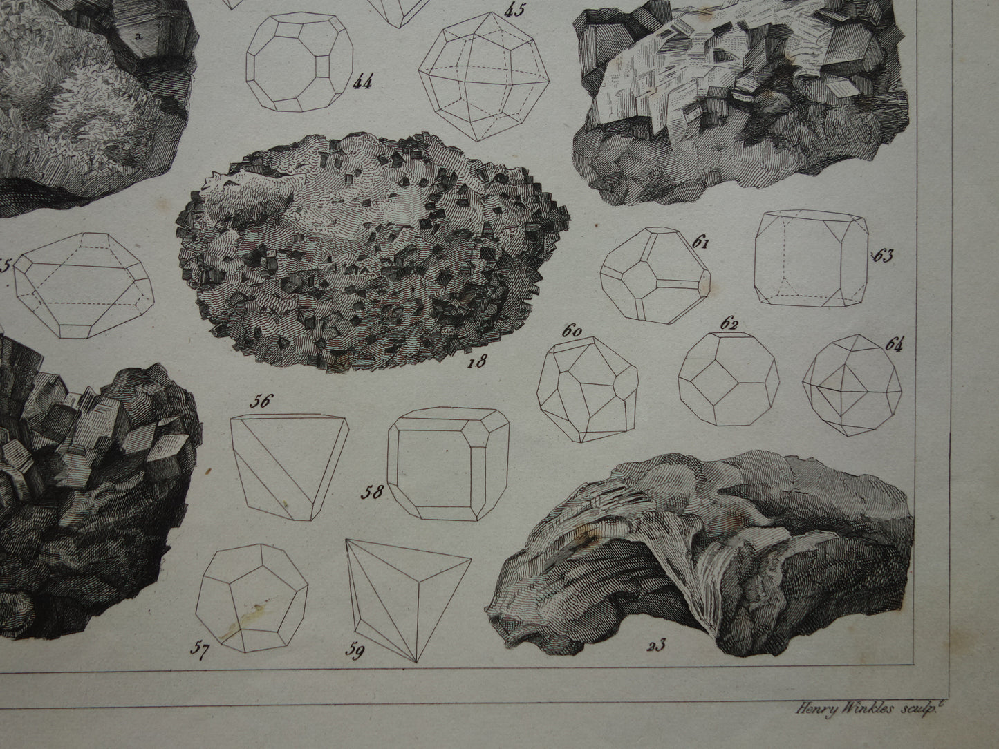 Oude prent over edelstenen en mineralen uit 1849 originele antieke print kristallen kristalstructuren edelsteen vormen vintage illustratie