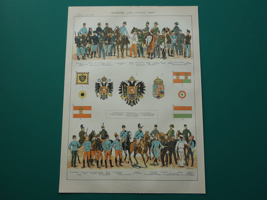 Oude prent van Oostenrijk Hongarije Leger Uniformen en Vlaggen originele antieke illustratie Oostenrijkse Hongaarse Vlag Uniform vintage afbeelding prints