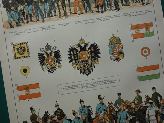 Oude prent van Oostenrijk Hongarije Leger Uniformen en Vlaggen originele antieke illustratie Oostenrijkse Hongaarse Vlag Uniform vintage afbeelding prints