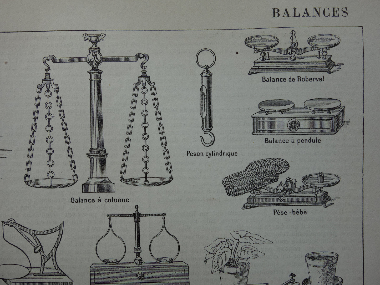 Oude prent van weegschalen originele antieke illustratie weegschaal balans waag technologie vintage afbeelding prints