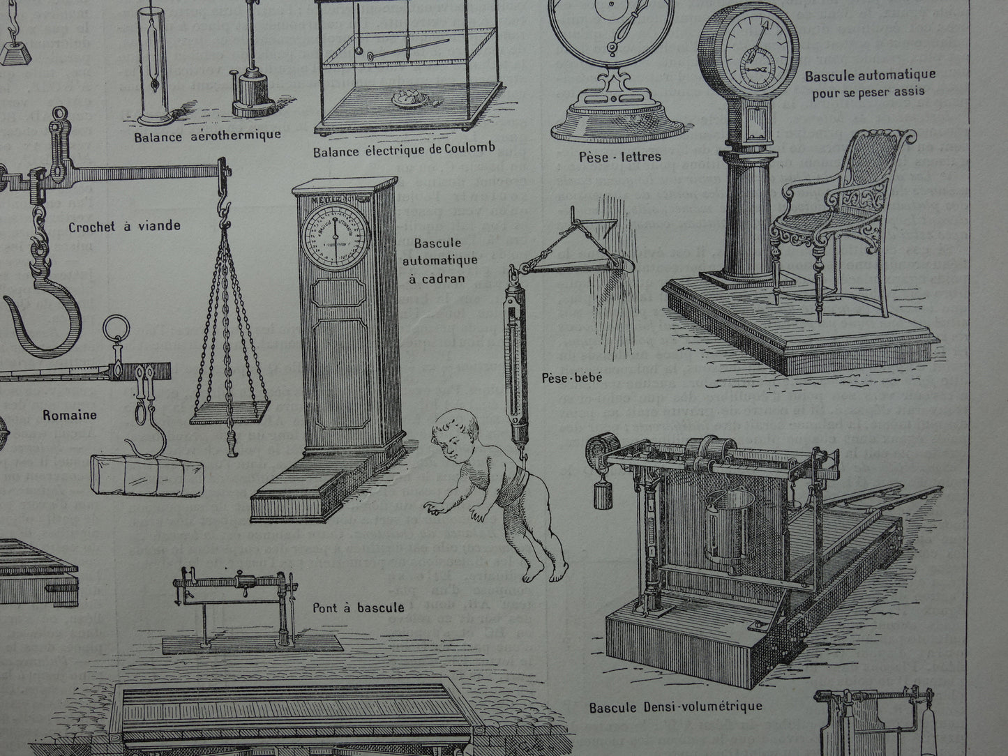 Oude prent van weegschalen originele antieke illustratie weegschaal balans waag technologie vintage afbeelding prints