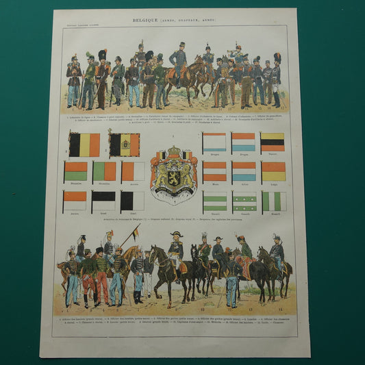 Oude prent van Belgische Leger Uniformen Vlaggen originele antieke illustratie België Vlag Uniform vintage afbeelding prints