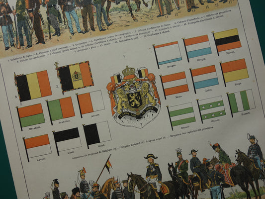 Oude prent van Belgische Leger Uniformen en Vlaggen originele antieke illustratie België Vlag Uniform vintage afbeelding prints