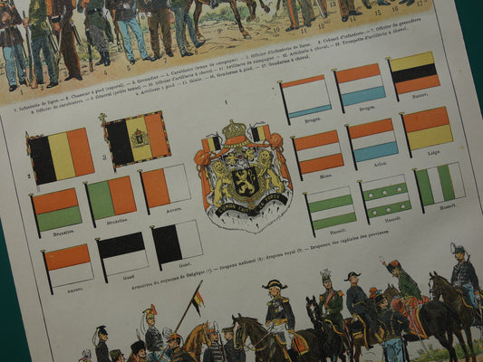 Alter Druck von Uniformen und Flaggen der belgischen Armee, originale antike Illustration