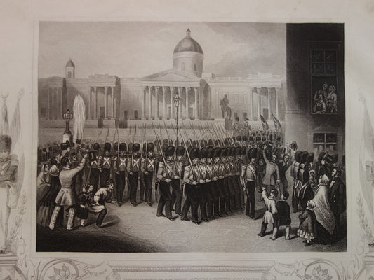 Grenadier Guards vertrekken vanaf Trafalgar Square oude prent Britse leger Krimoorlog antieke illustratie