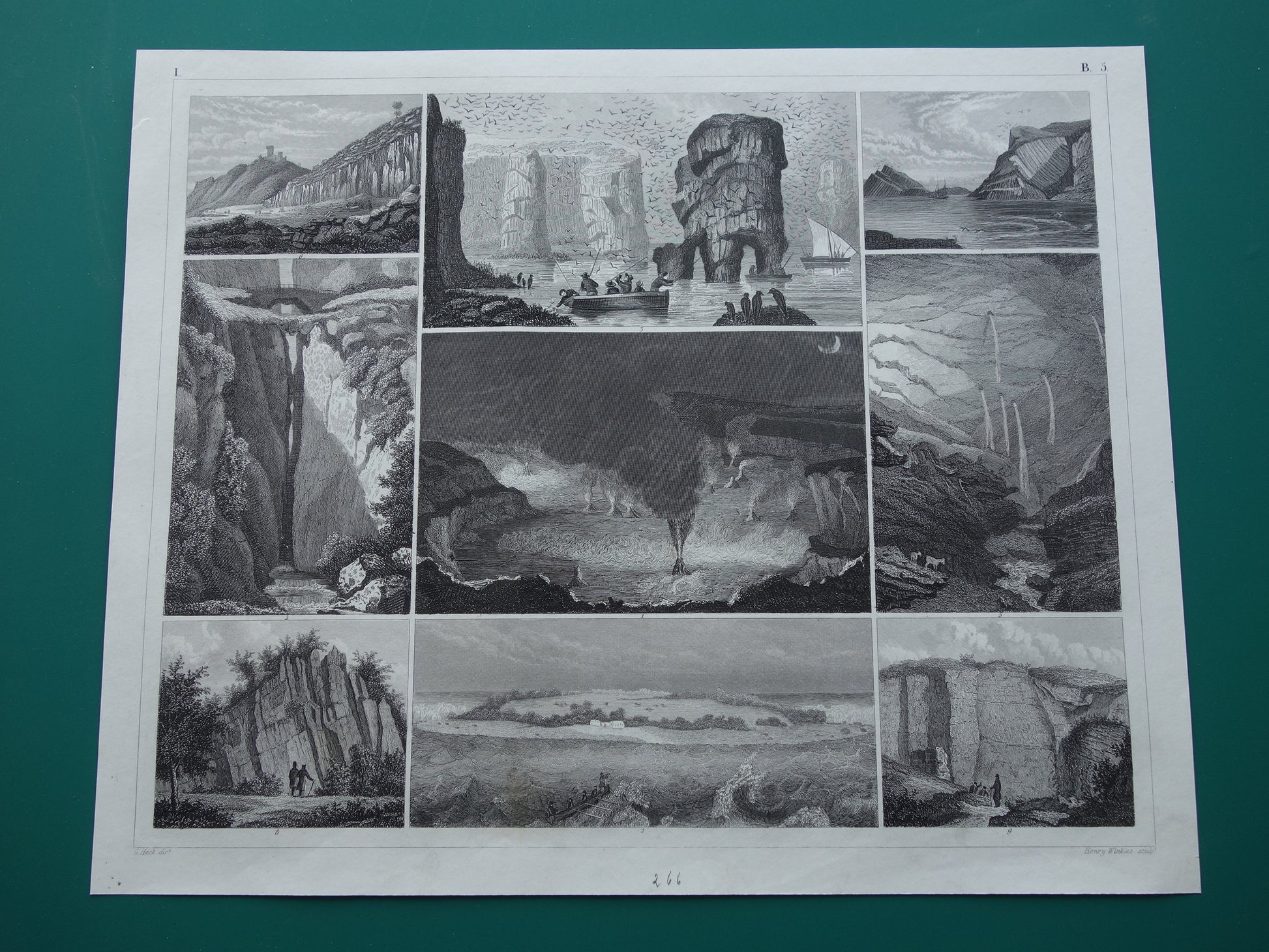 Antieke Geologie prent Rotsen Kīlauea vulkaan Hawaï Originele 170+ jaar oude geologische illustratie rotsformaties vintage prints