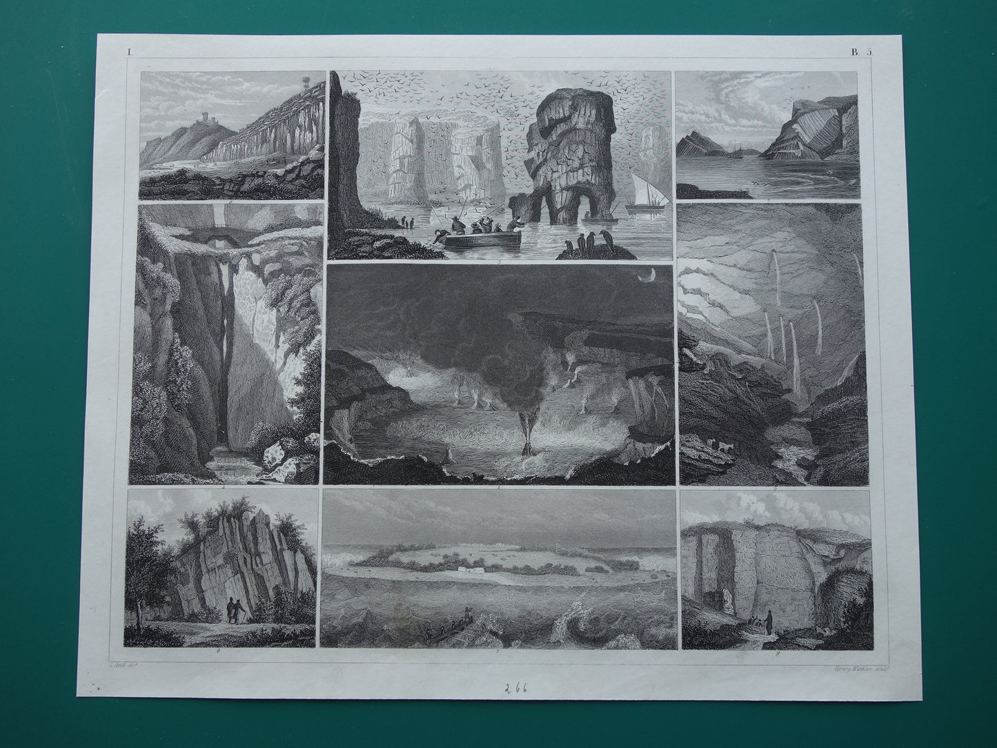 Antieke Geologie prent Rotsen Kīlauea vulkaan Hawaï Originele 170+ jaar oude geologische illustratie rotsformaties vintage prints