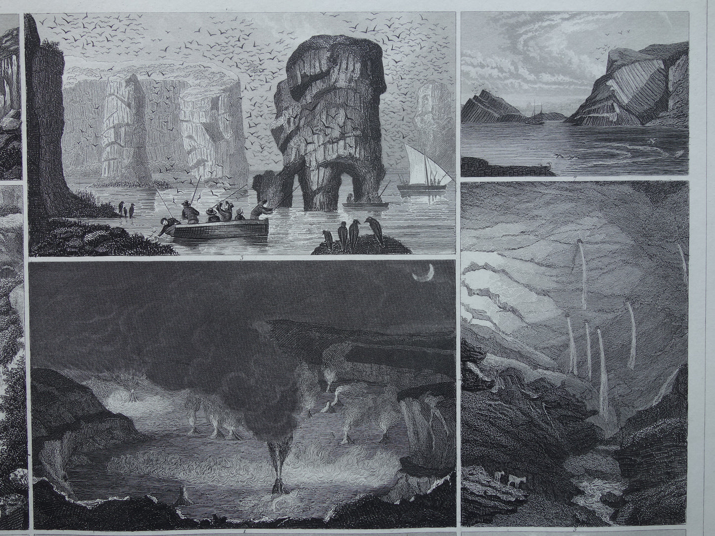 Antieke Geologie prent Rotsen Kīlauea vulkaan Hawaï Originele 170+ jaar oude geologische illustratie rotsformaties vintage prints