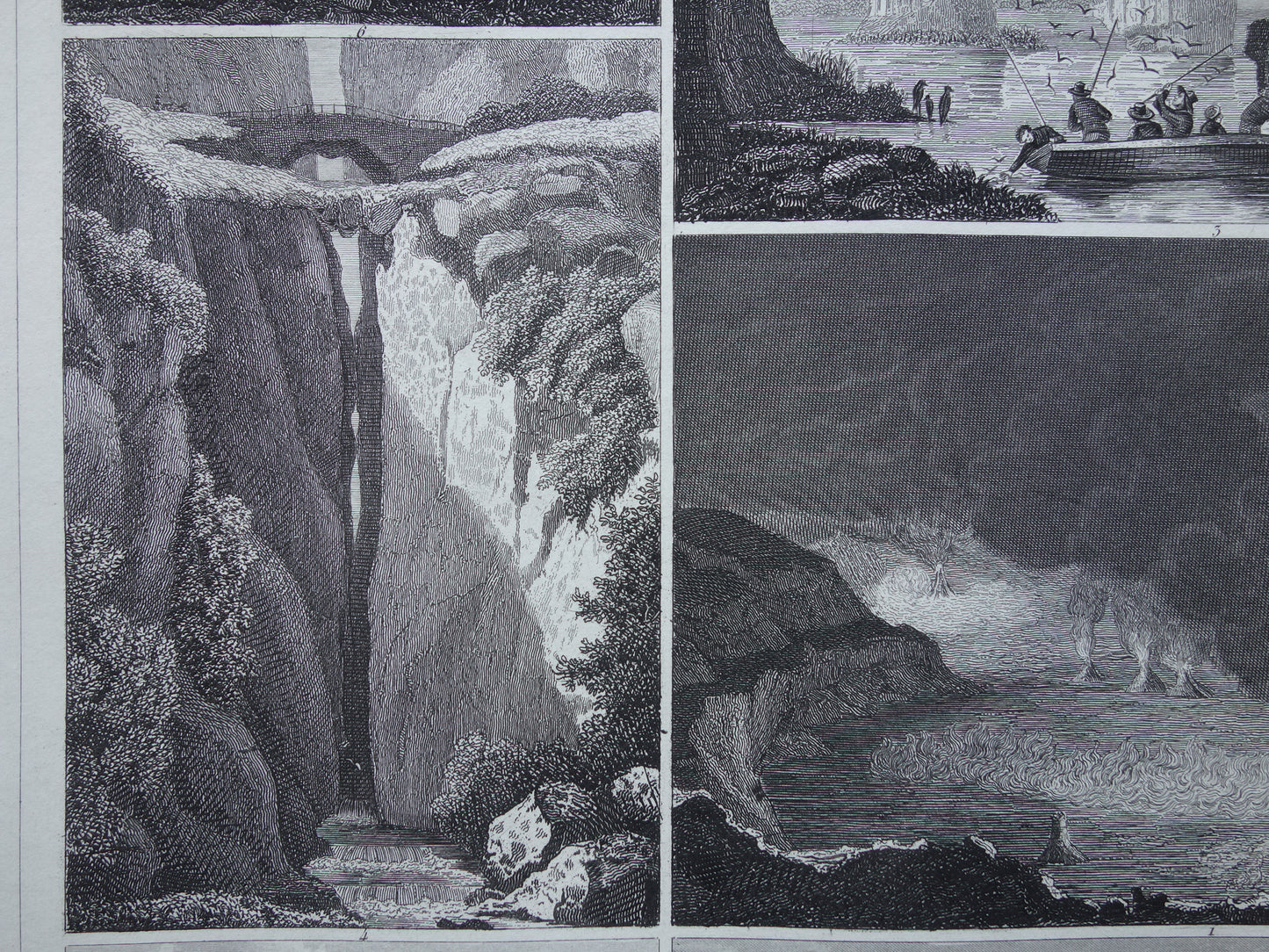 Antieke Geologie prent Rotsen Kīlauea vulkaan Hawaï Originele 170+ jaar oude geologische illustratie rotsformaties vintage prints