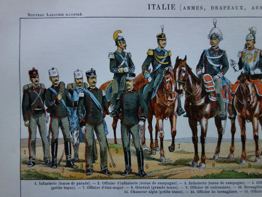 Vintage print van Italiaanse Leger Uniformen en Vlaggen originele antieke illustratie Italië Vlag Uniform oude afbeelding prints soldaten cavalerie
