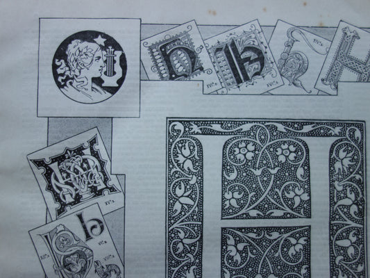 Oude prent over de letter H originele antieke illustratie geschiedenis van H kaligrafie afbeelding vintage print