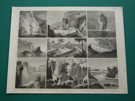 Vulkanen en Watervallen Oude geologie prent met beroemde vulkaan waterval Originele antieke geologische prenten Niagara Geysir geiser vintage print