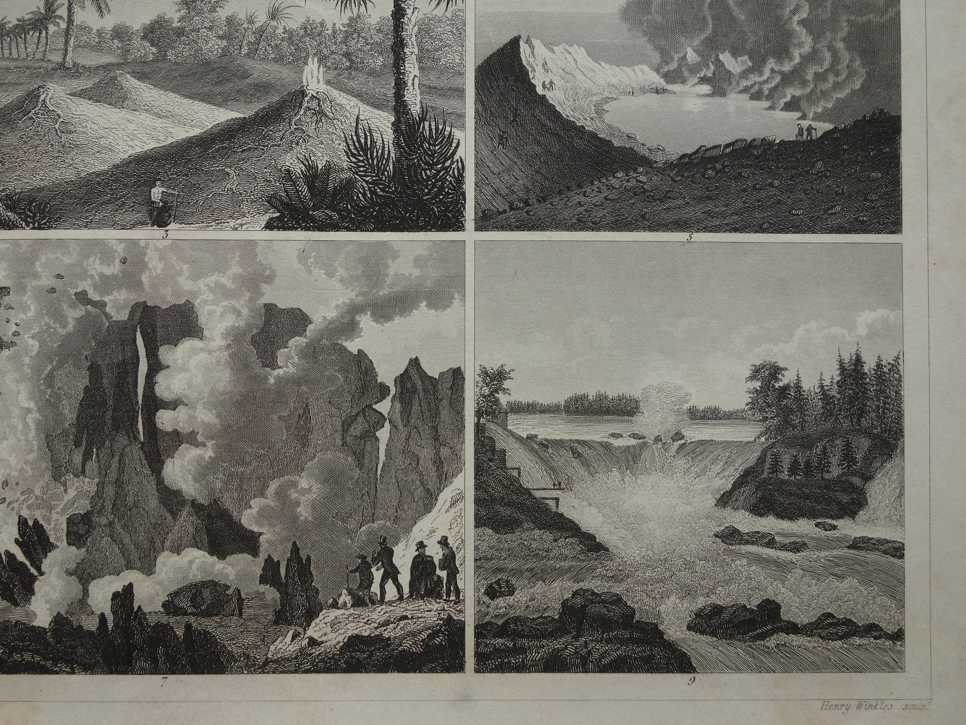 Vulkanen en Watervallen Oude geologie prent met beroemde vulkaan waterval Originele antieke geologische prenten Niagara Geysir geiser vintage print