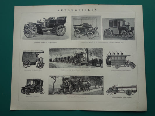 Oude prent van oldtimers Originele antieke print klassieke auto's Vintage illustratie Daimler Peugeot Limousine