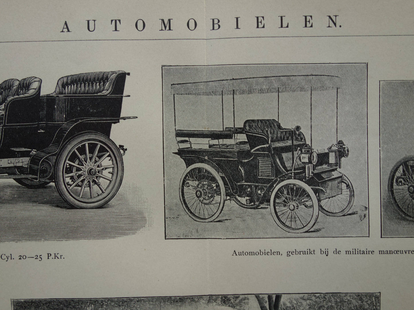 Oude prent van oldtimers Originele antieke print klassieke auto's Vintage illustratie Daimler Peugeot Limousine