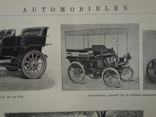 Oude prent van oldtimers Originele antieke print klassieke auto's Vintage illustratie Daimler Peugeot Limousine