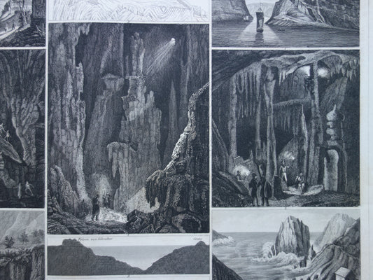 GROTTEN Oude geologie prent met beroemde grotten Originele antieke geologische prenten Watervallen Grot vintage print