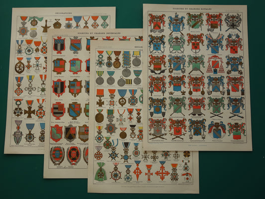 HERALDIEK oude prenten set van 4 Wapens Medailles Emblemen Originele antieke Franse prent prints Wapenschild Koninklijke Onderscheidingen