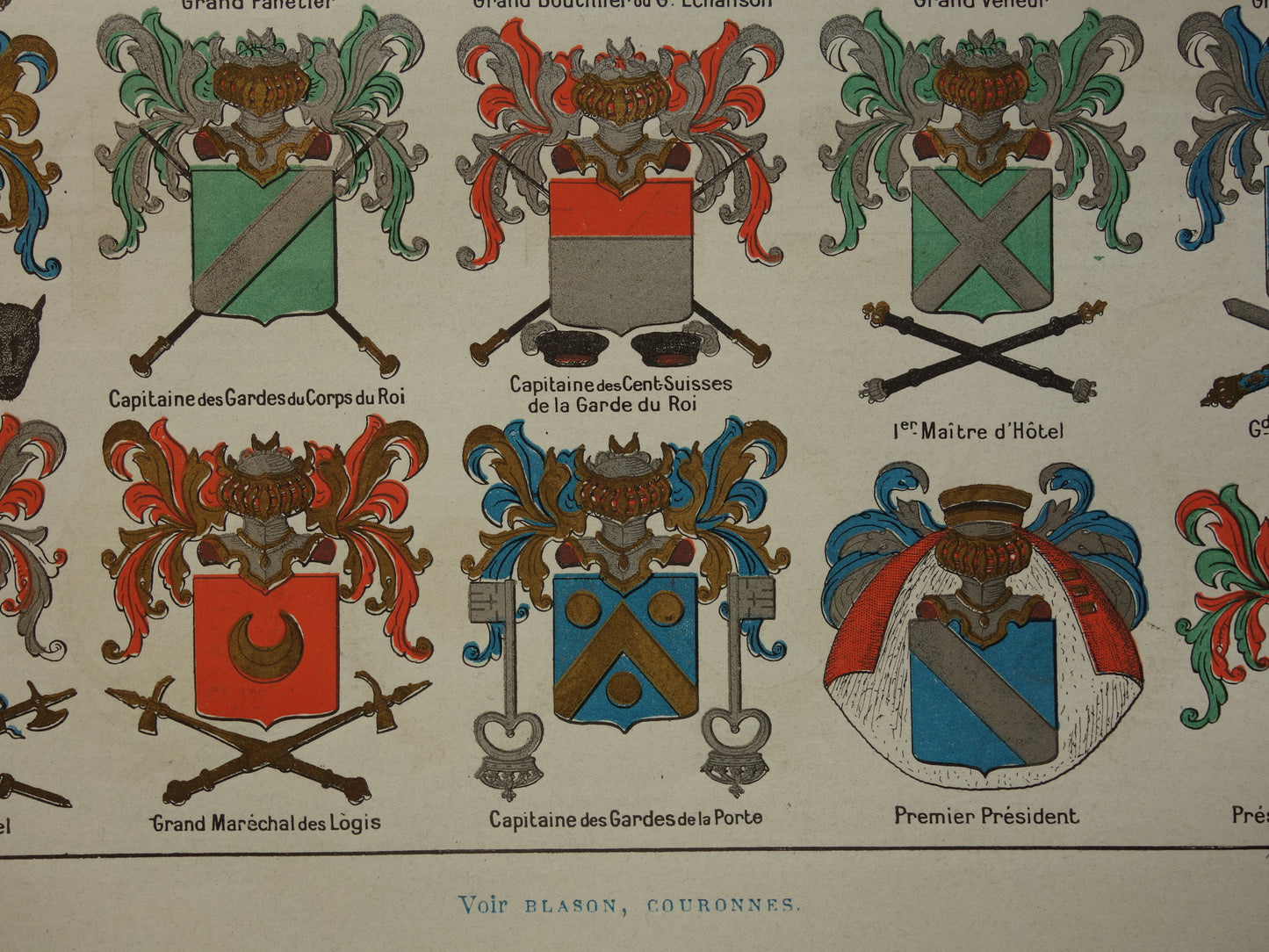 HERALDIEK set van 4 oude prenten over Wapens Medailles Emblemen Originele antieke Franse prent prints Wapenschild Koninklijke Onderscheidingen Heraldisch Wapen