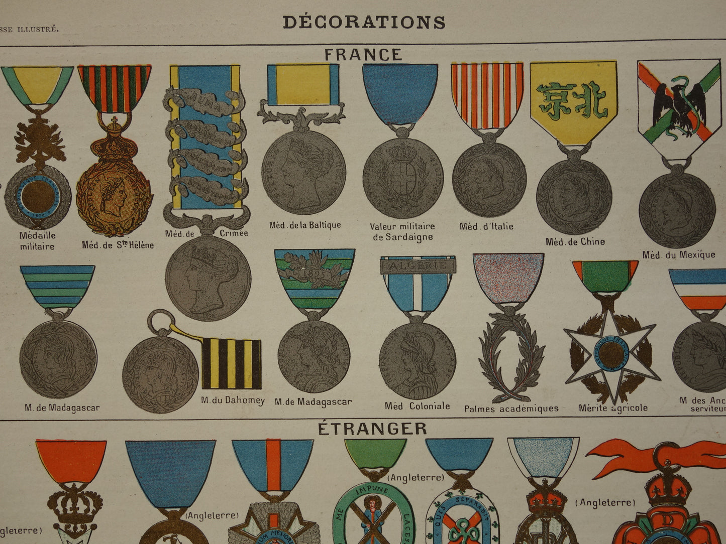 HERALDIEK set van 4 oude prenten over Wapens Medailles Emblemen Originele antieke Franse prent prints Wapenschild Koninklijke Onderscheidingen Heraldisch Wapen