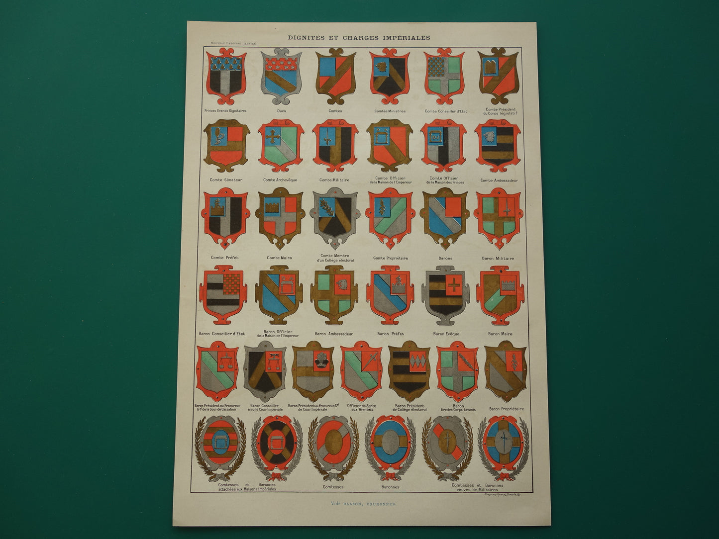 HERALDIEK set van 4 oude prenten over Wapens Medailles Emblemen Originele antieke Franse prent prints Wapenschild Koninklijke Onderscheidingen Heraldisch Wapen