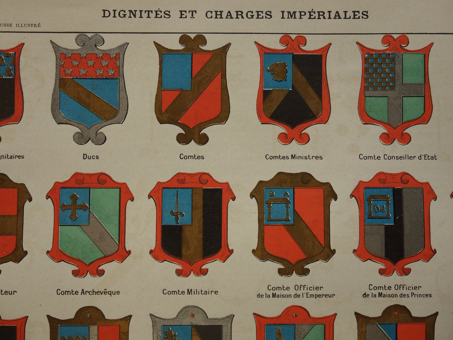 HERALDIEK set van 4 oude prenten over Wapens Medailles Emblemen Originele antieke Franse prent prints Wapenschild Koninklijke Onderscheidingen Heraldisch Wapen