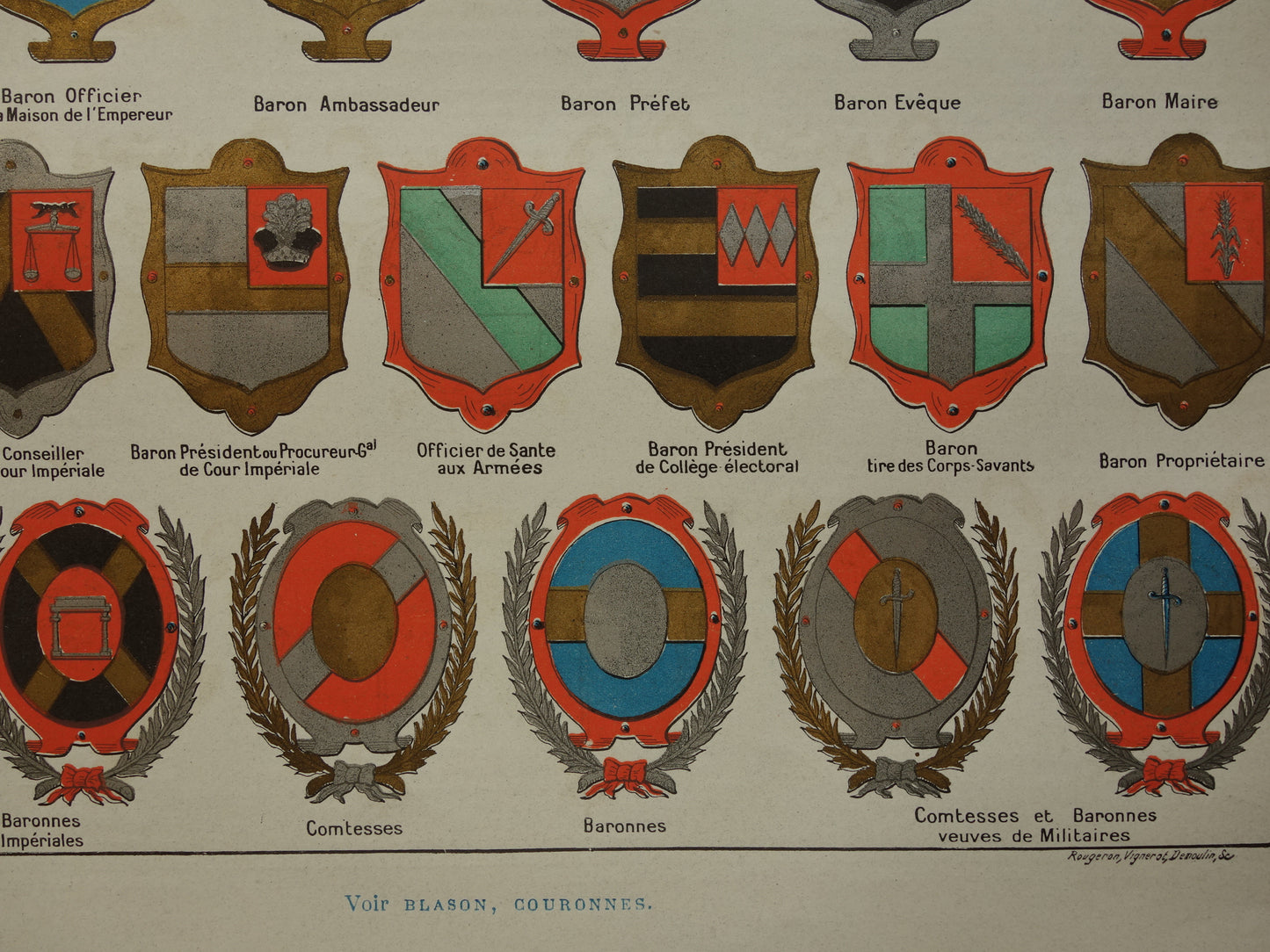 HERALDIEK set van 4 oude prenten over Wapens Medailles Emblemen Originele antieke Franse prent prints Wapenschild Koninklijke Onderscheidingen Heraldisch Wapen