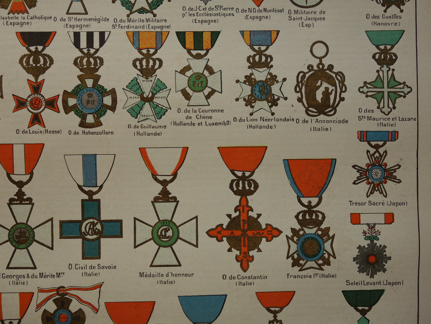 HERALDIEK set van 4 oude prenten over Wapens Medailles Emblemen Originele antieke Franse prent prints Wapenschild Koninklijke Onderscheidingen Heraldisch Wapen