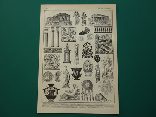 Oude prent over Griekse kunst en architectuur uit de oudheid Originele antieke illustratie Akropolis Parthenon Beeldhouwwerken Vintage Prints