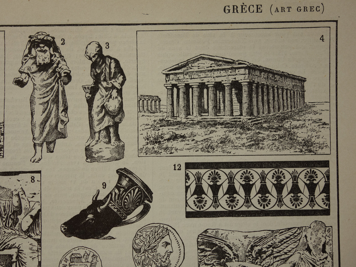 Old print about Greek art and architecture from ancient times Original antique illustration Acropolis Parthenon sculptures Vintage Prints