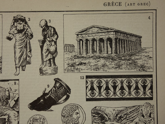 Oude prent over Griekse kunst en architectuur uit de oudheid Originele antieke illustratie Akropolis Parthenon beeldhouwwerken Vintage Prints