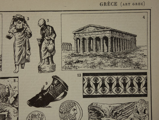 Alter Druck über antike griechische Kunst und Architektur Original antike Illustration Akropolis Parthenon Skulpturen Vintage Prints