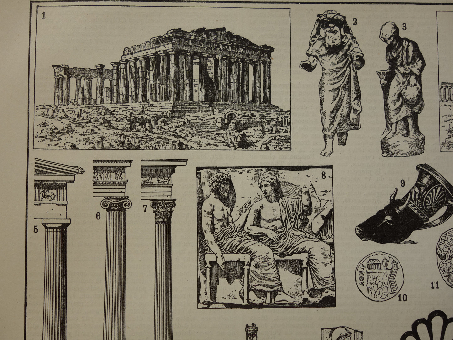 Old print about Greek art and architecture from ancient times Original antique illustration Acropolis Parthenon sculptures Vintage Prints