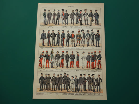 Antieke prent met oude historische Franse uniformen van opleidingen Saint-Cyr Akademie Polytechnique vintage prints uniform