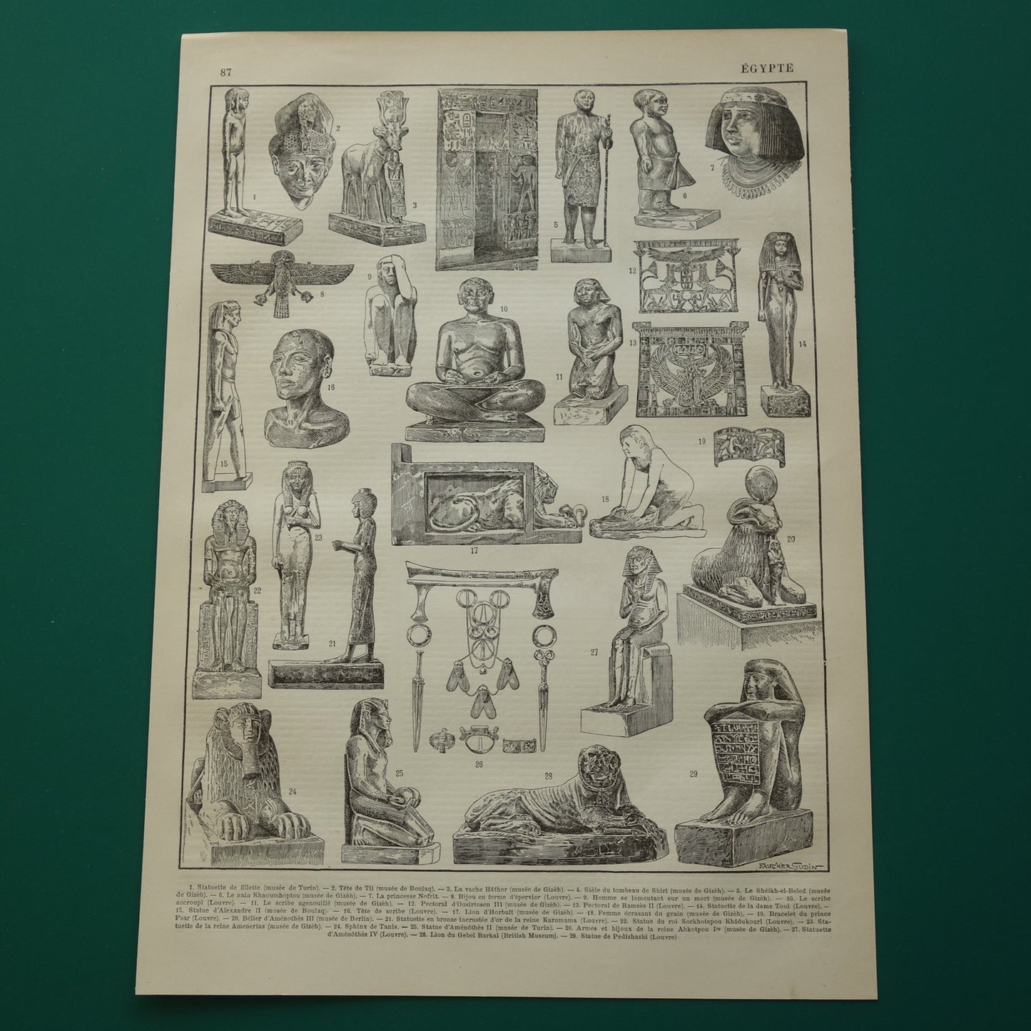 Oude prent over Egyptische kunst uit de oudheid Originele antieke illustratie Egypte beeld beelden Vintage Prints