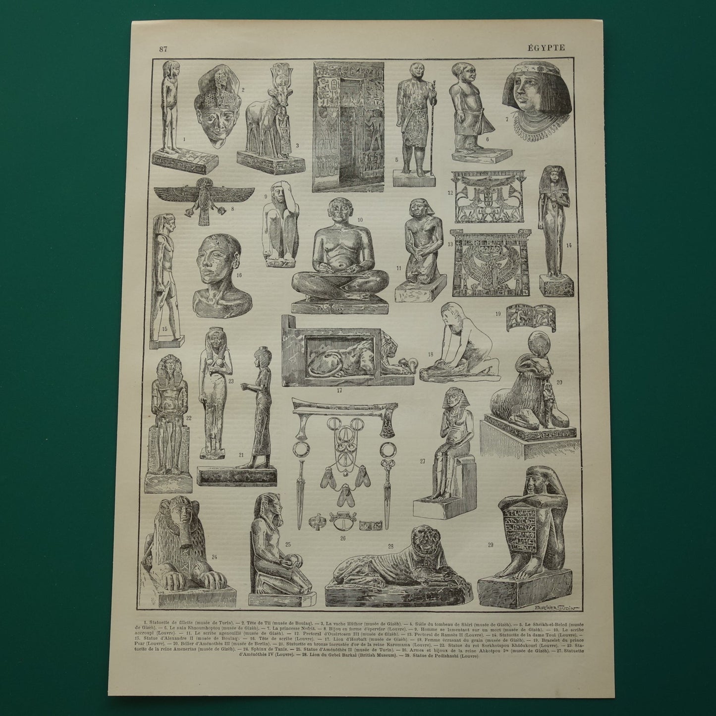 Oude prent over Egyptische kunst uit de oudheid Originele antieke illustratie Egypte beeld beelden Vintage Prints