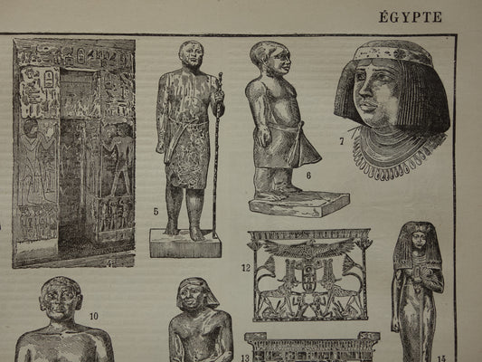 Oude prent over Egyptische kunst uit de oudheid Originele antieke illustratie Egypte beeld beelden Vintage Prints