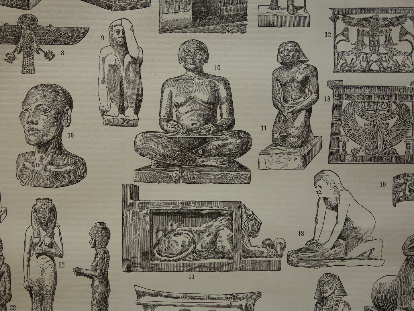 Oude prent over Egyptische kunst uit de oudheid Originele antieke illustratie Egypte beeld beelden Vintage Prints